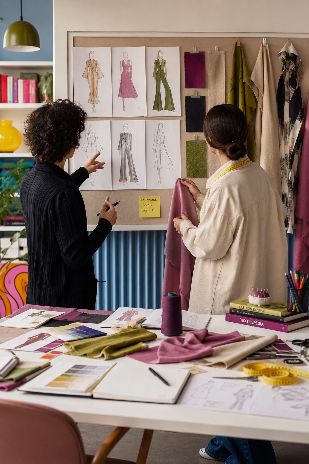 Brief con lo stilista: review degli sketch della collezione SS26 Linea T davanti alla moodboard di tessuti