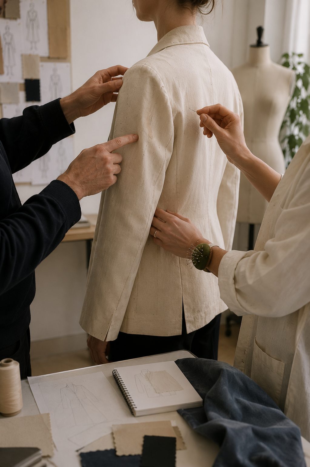 Prova di vestibilità su giacca in tela: modellista e stilista correggono spalla e schiena con spilli