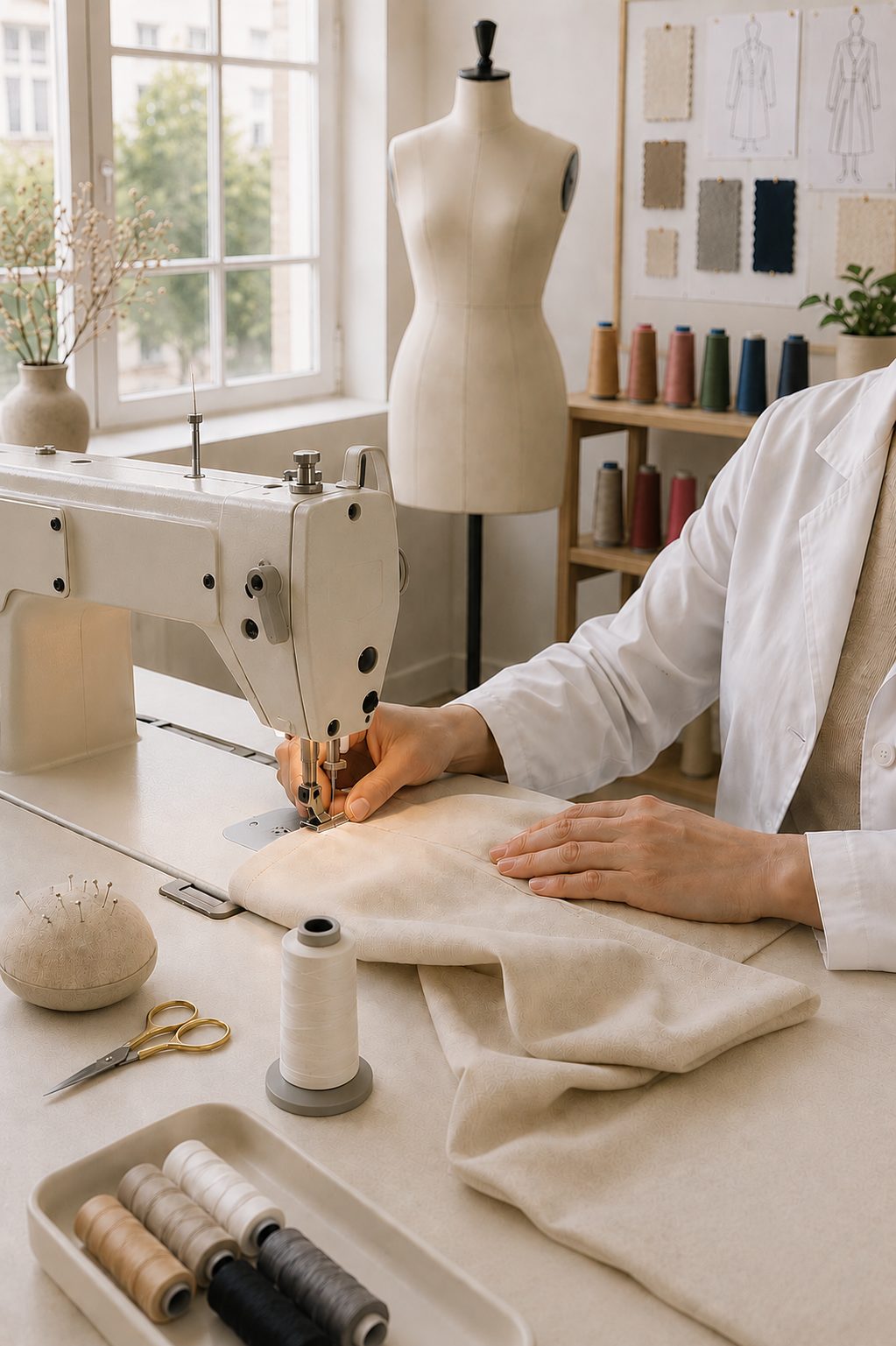 Confezione del primo capo: cucitura su macchina da cucire in laboratorio con manichino e moodboard tessuti