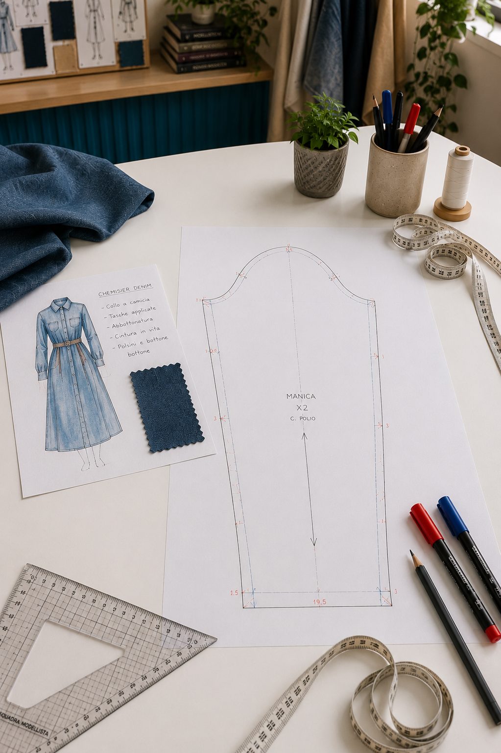 Cartamodello di manica con scheda tecnica del chemisier denim, squadra e metro a nastro sul tavolo dello studio